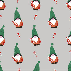 Seamless pattern with Christmas dwarf. Dwarf holding candy cane. Merry christmas and happy New year. Season greeting. Hand drawn vector illustration