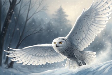 white owl in the white snow, generative ai, ai generated
