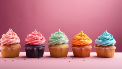 Colorful and sweet cupcakes on a pink table; delicious and tasty cupcakes with multiple flavors with sprinkles of chocolate; food photography; top angle view; cupcakes with icing sugar; chocolate