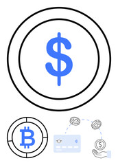 Large dollar symbol within a coin, smaller Bitcoin symbol coin, credit card, and hand receiving coins. Ideal for finance, economics, digital payments, cryptocurrency, banking investments