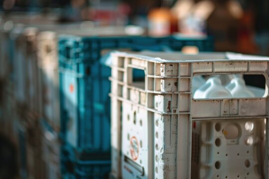 Row of plastic crates stacked with milk bottles.