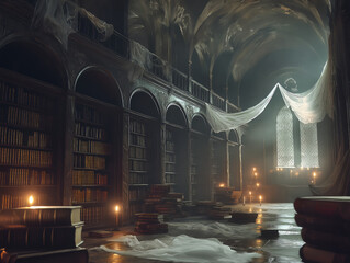 glowing library with high ceilings and warm candlelight