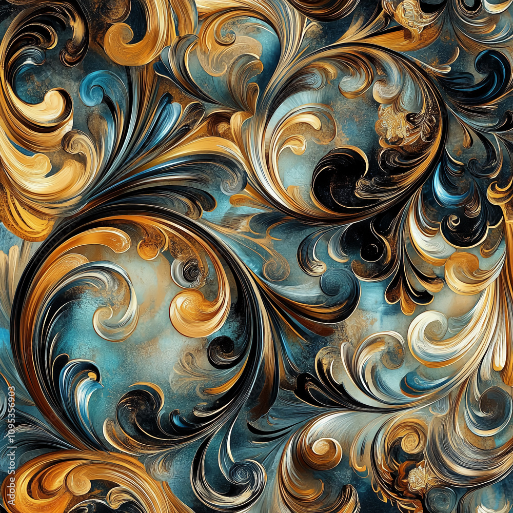 Poster rich swirling patterns in blue, gold, and black create a vibrant and dynamic abstract design