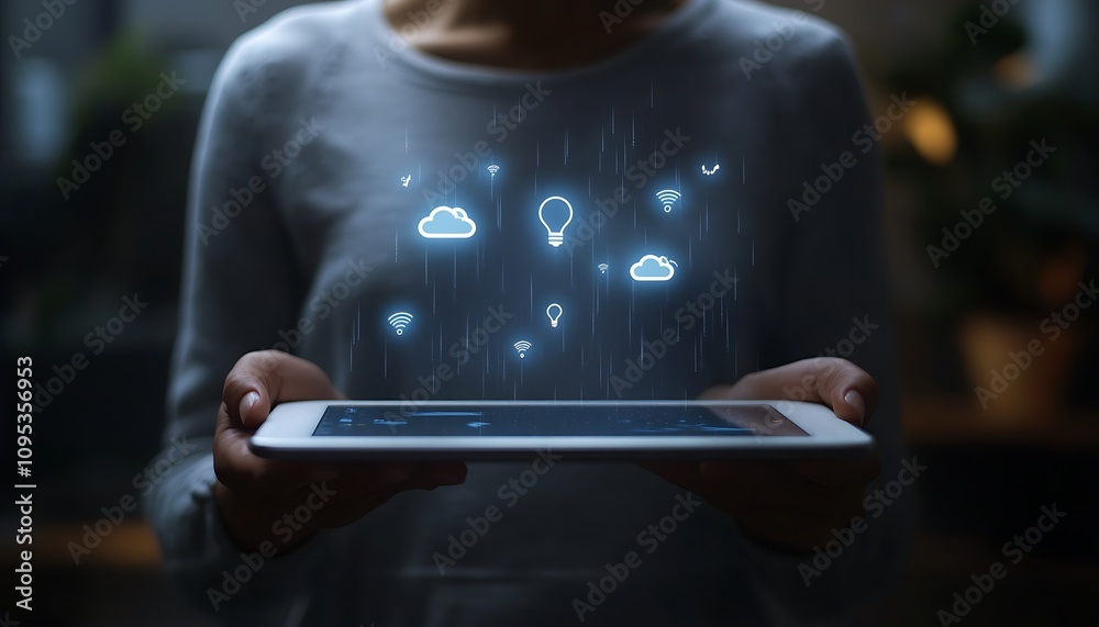 Poster a person holds a tablet displaying floating icons representing data and connectivity.