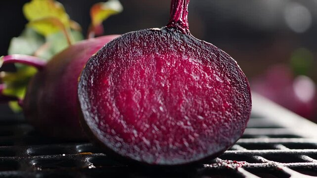Freshly cut beetroot reveals vibrant color and texture in a kitchen setting during daylight hours