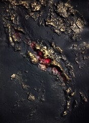 Contemporary high texture abstract painting in natural gold dark brown background composition