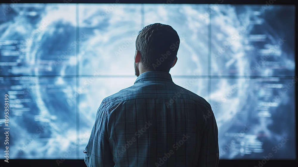 Poster a person observing a large digital display with abstract visuals, possibly related to data or techno