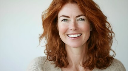 Fototapeta premium rudowłosa, kręcone włosy, uśmiech z zębami, kobieta, portret studyjny, aparat canon eos 5d mark iv, realistyczny portret, uśmiechnięta kobieta, fotografia wysokiej jakości, profesjonalne zdjęcie, natu