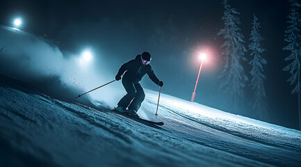 Dark, nighttime ski slope, showcasing the raw intensity of a high-speed slalom race. A lone skier, dressed in black gear.
