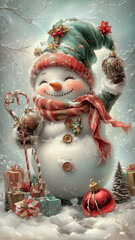 Obraz premium Vintage Christmas card with funny snowman in forest.