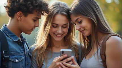 Fototapeta premium Amigos adolescentes juntos olhando a tela de um smartphone