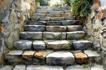A painting of a stone staircase with a view of the sky. The painting is in watercolor and has a serene and peaceful mood