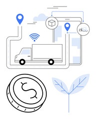 Truck navigating paths with GPS pins, wireless connection, coin, and leaf illustration. Ideal for logistics, supply chain, delivery services, financial planning, environmental sustainability
