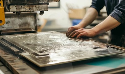 Person inking a metal printing plate.