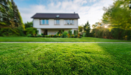 Close-up of green lawn with blurred house in the background. Backyard landscaping.