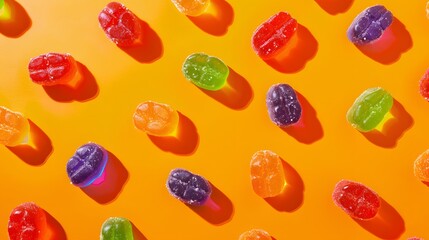 Colorful jelly candies with sugar coating arranged on orange background.