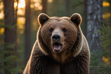 Fototapeta premium A brown bear in the forest against the background of sunset. Autumn forest.