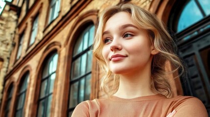 Fototapeta premium Young happy pretty smiling woman, happy, confident, positive female entrepreneur standing outdoor on street.