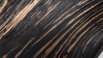 A close-up view of ebony wood with deep grooves and contrasting light streaks, highlighting its intricate texture and rich, natural aesthetic