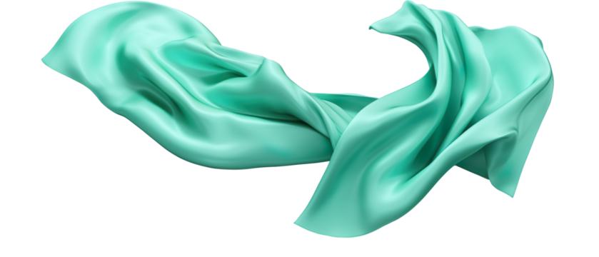 Collection set of pastel green turquoise silk satin cloth fabric floating flying in the air on a transparent background