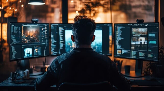Programmer Working Late On Triple Monitor Setup