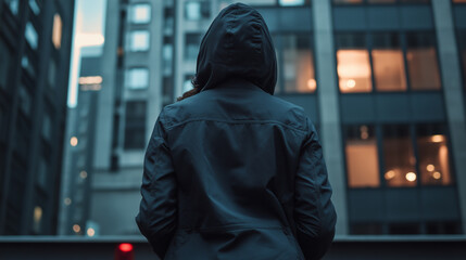 Back view of model in casual jacket with hood up - Minimal setup, relaxed vibe