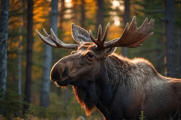 Moose in the forest against the background of sunset.Autumn forest.