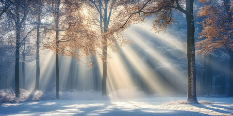Panoramic winter forest with sunlight streaming through snow-dusted trees. high quality