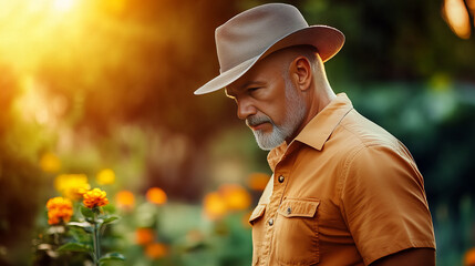 Banner of contemplative man wearing brown hat and shirt, surrounded by vibrant garden of yellow flowers under warm sunlight