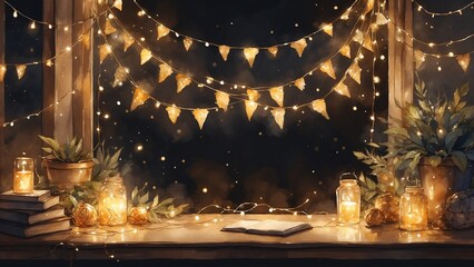 Obraz premium Cozy watercolor background with warm lights and decorative elements for relaxation and inspiration