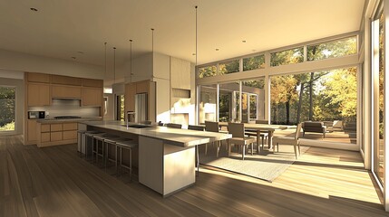 Modern kitchen, dining, and living area with large windows and hardwood floors.