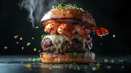 Suspended Surf and Turf Burger: Buttery Brioche, Prime Beef, Seafood, and Fresh Herbs in Vibrant Gourmet Style with High Contrast Lighting for Restaurant Quality Aesthetics.