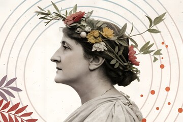 vintage profile portrait, woman with floral wreath, classical attire, elegant and serene expression, art nouveau style, pastel color palette, circular pattern background, botanical elements, soft focu