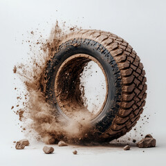 Dynamic explosion of mud and dust from spinning tire in motion