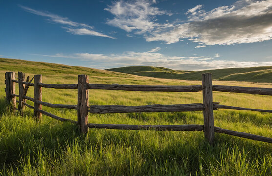 rustic wooden fence with a grassy field below and an open sky above