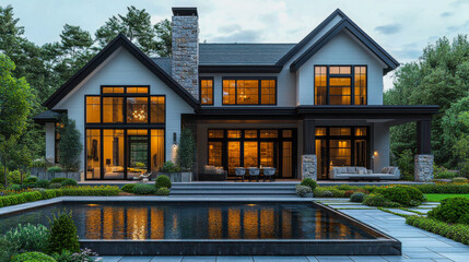 Modern farmhouse with large glass windows and a reflecting pool, set in lush greenery, showcasing contemporary architectural design