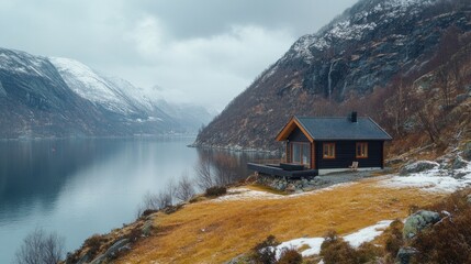 Fototapeta premium Secluded Cabin by Fjord in Norway's Majestic Mountains