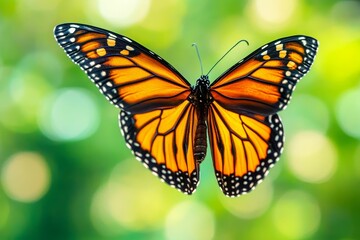 Obraz premium Monarch butterfly wings, vibrant orange, green bokeh.