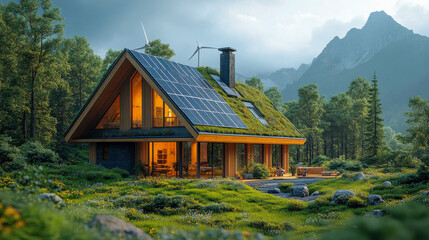 Obraz premium Eco-friendly A-frame cabin with solar panels, a green roof, and warm interiors nestled in lush greenery with wind turbines in the background