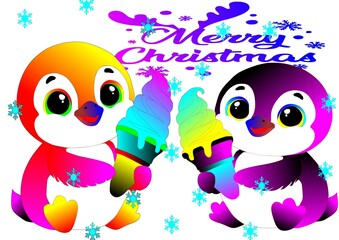 Two penguin holding ice cream and wish merry Christmas