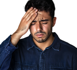Studio portrait of young Hispanic male having a head ache, touching front of the face.