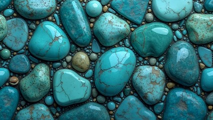 Seamless mosaic of teal and turquoise stones, evoking a calming and natural aquatic theme ideal for backgrounds or decorative designs