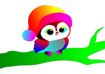 A cute Owl sitting on branch with colorful Christmas heat 