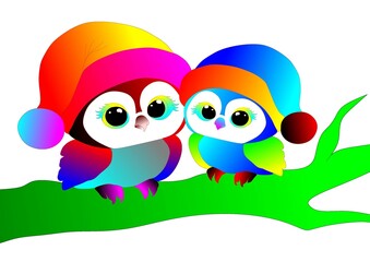 Fototapeta premium two birds sitting on a branch with colorful hat design