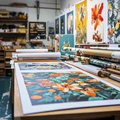 Fototapeta premium Floral prints, printing press, art studio.