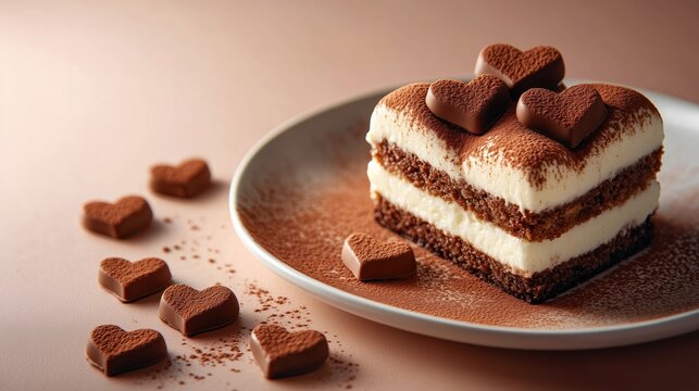Heart-shaped tiramisu dessert with chocolate hearts for valentine's day celebration