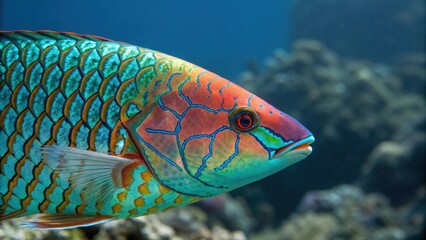 Bright fish scales painted along the jawline completed with a shimmering mask that highlights the finlike shapes on the sides.
