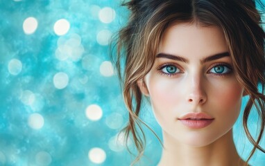 a close-up portrait of beautiful woman on blue christmas background 