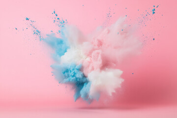 Colorful powder explosion. Abstract burst of white, pink and light blue dust on pink background