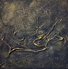 Contemporary high texture abstract painting in natural gold dark brown background composition